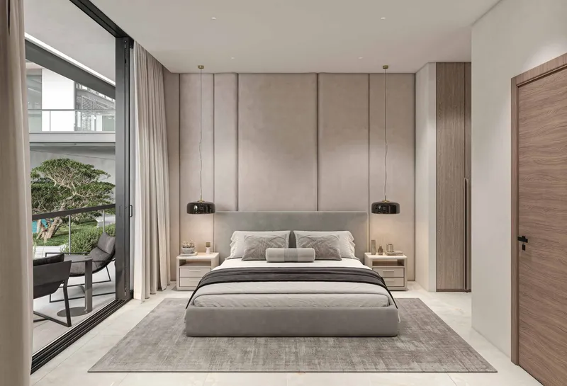 Olivia Residences - interior of a bedroom with panoramic windows, in light shades | AX CAPITAL