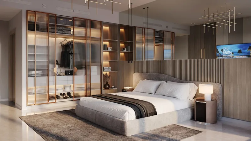 Binghatti Azure - bedroom interior with double bed and closet | AX CAPITAL