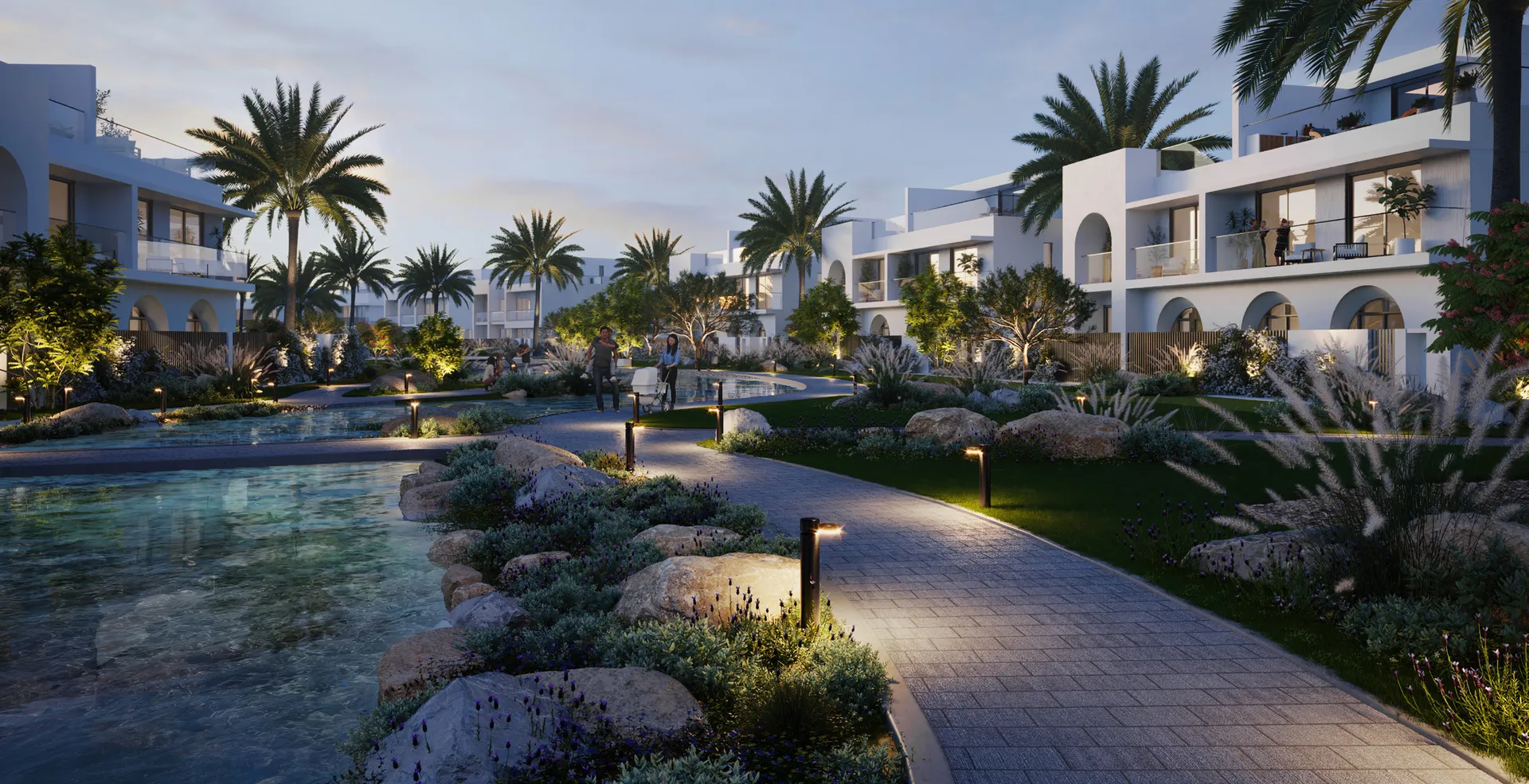 Alana - exterior view of the villas and overlooking an avenue with a pond | AX CAPITAL